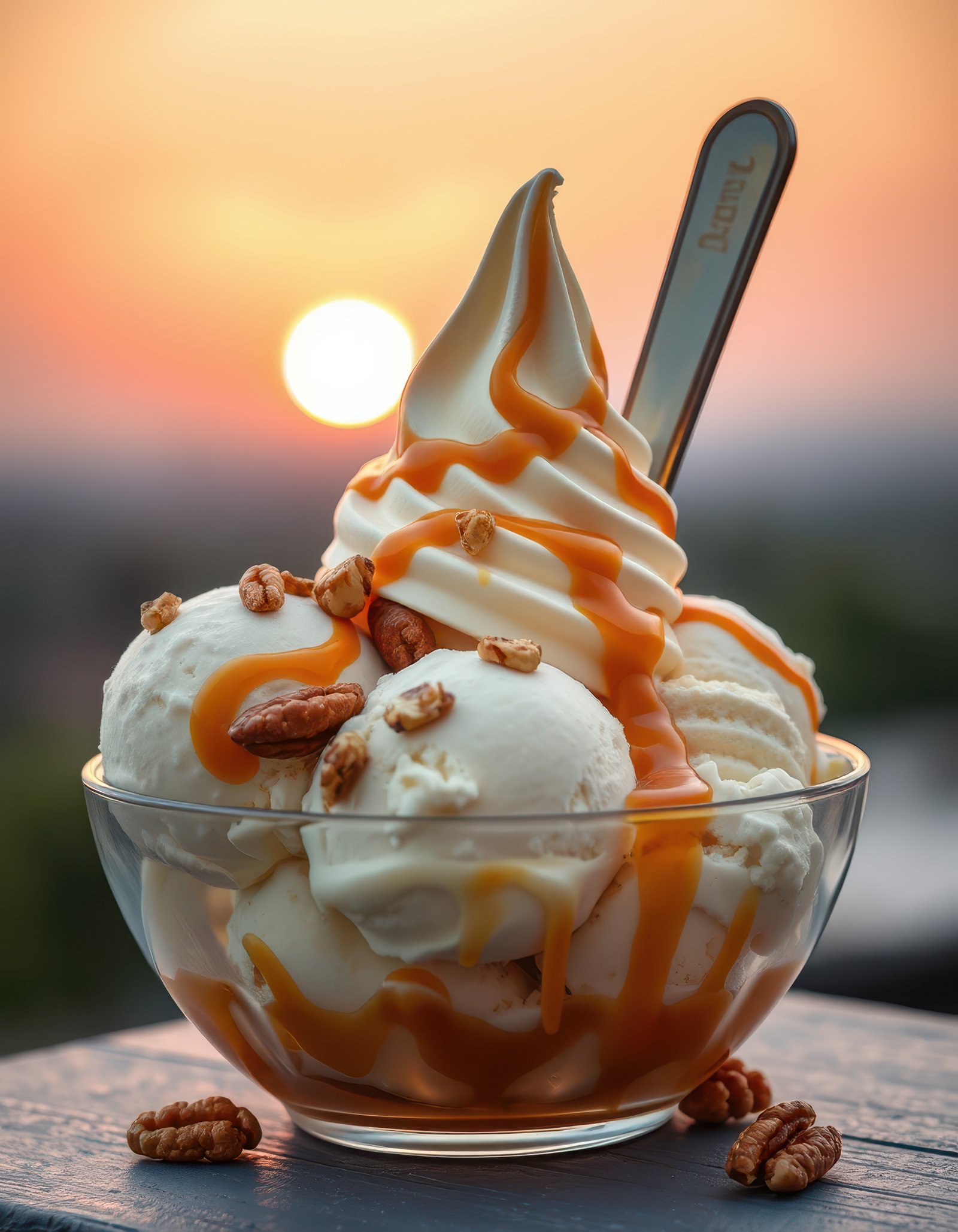 Delicious ice cream sundae topped with caramel sauce and pecans against a vibrant sunset backdrop